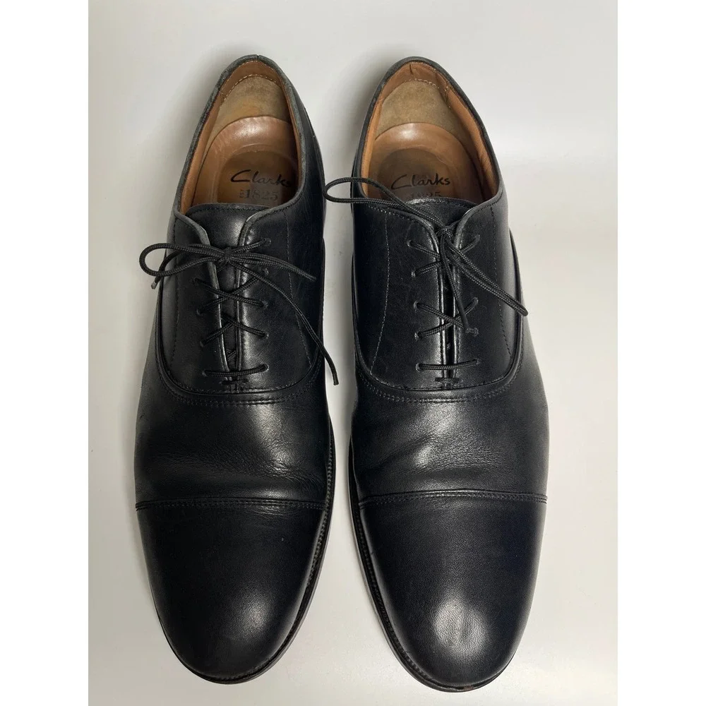 Clarks 1825 Mens Black Leather Cap Toe Oxford Dress Shoes Size 12 M